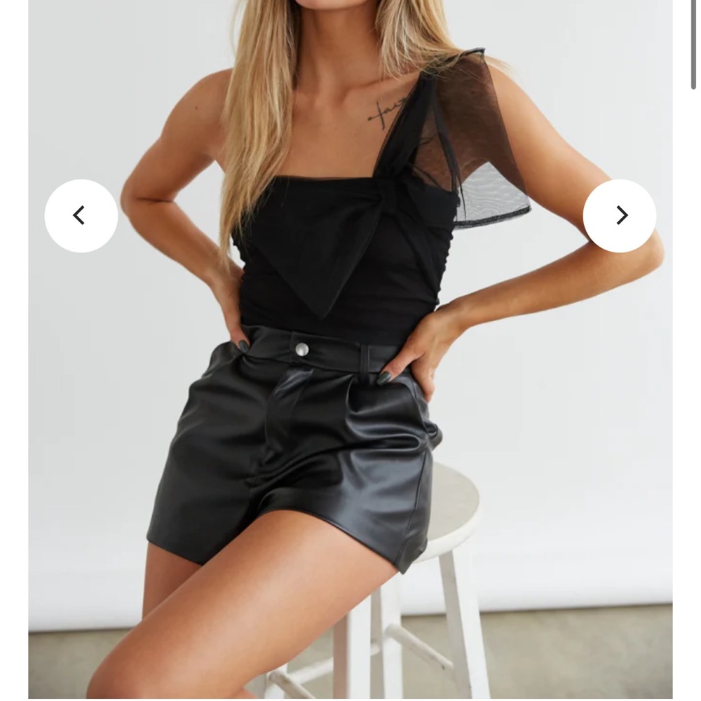 American Threads Black Mesh One-Shoulder Top with Leather Shorts